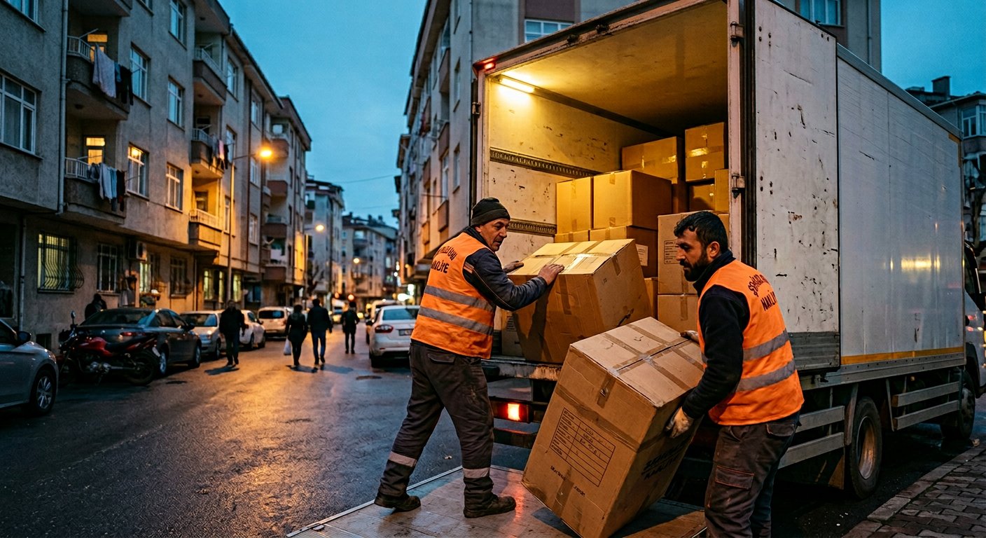 Aksam vakti koli tasiyan sehirler arasi nakliyeci - asansörlü nakliyat