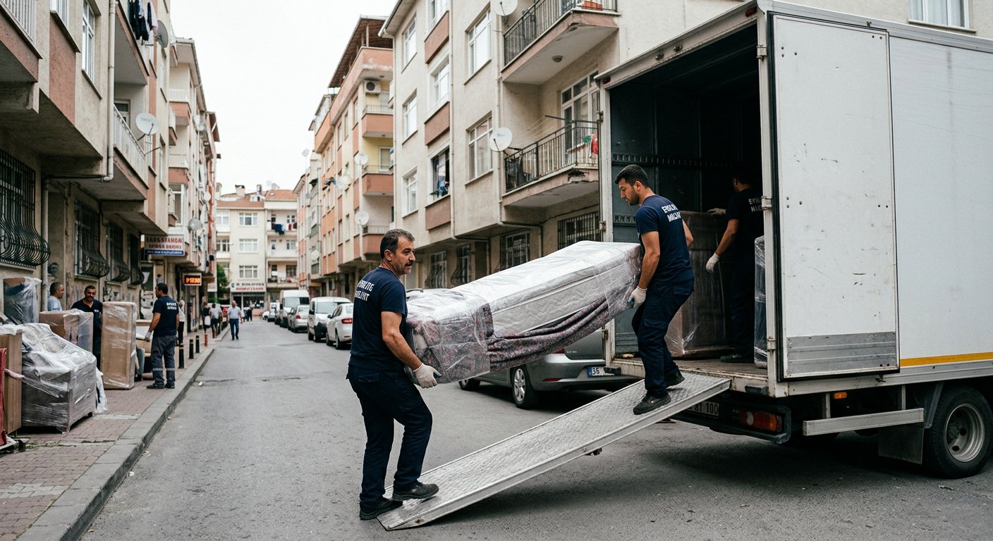 Beyaz mobilyayi kamyonet arkasina yukleme - Yüksek Kat Taşıma