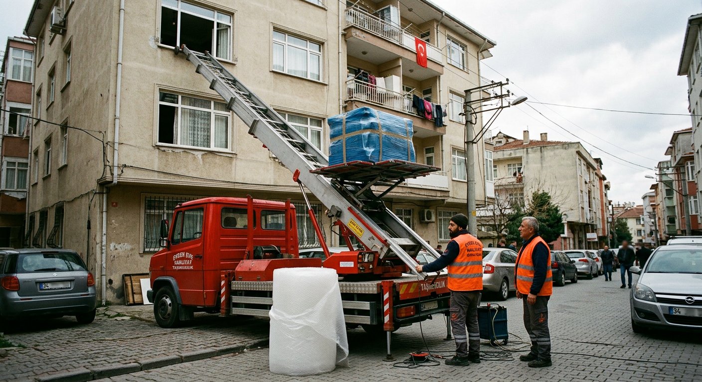 Kirmizi asansor araciyla mahalle ici tasima kurulumu - Asansörlü Taşınma Nakliyat