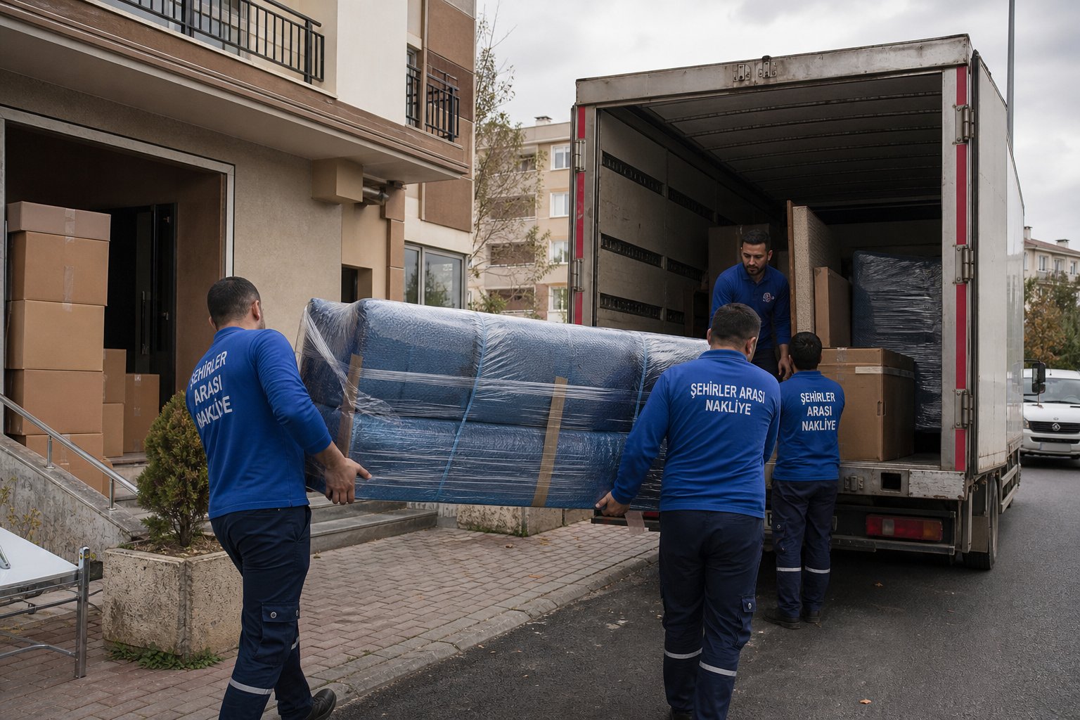 Mavi kilifli koltugun iki personelle tasinmasi - Ofis ve İş Yeri Taşıma