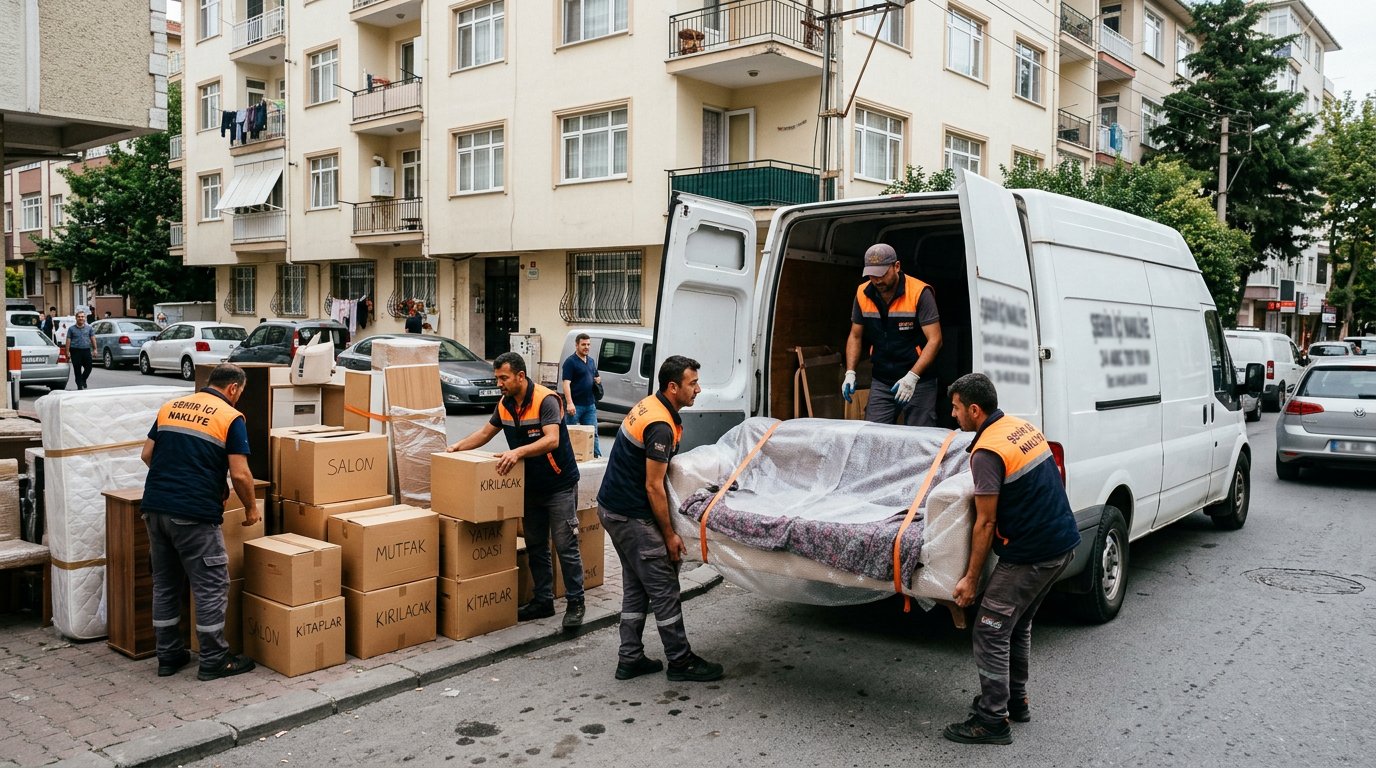 Nakliye minibusu onunde koli ve yatak grubu - Evden Eve Nakliyat